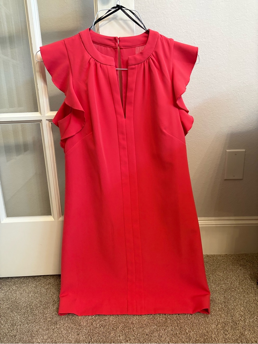 Vince Camuto Coral-Red Ruffle-Sleeve Shift Dress